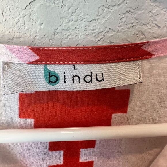 Bindu White Pink Red Boho Aztec Print 100% Cotton Mini Dress - Size L - EUC - Picture 5 of 9
